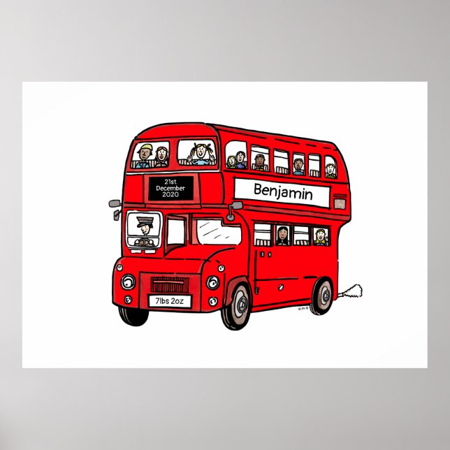 Red Double Decker London Bus Birth Print Poster (Devant)