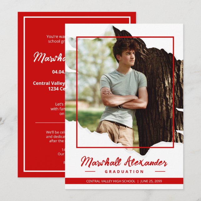 Red Edgy Abstrait Torn Photo Graduation Invitation (Devant / Derrière)