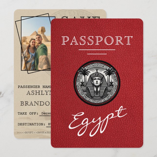 Red Egypt Passport Wedding Save the Date (Devant / Derrière)