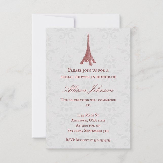 Red Eiffel Tower Damask Bridal Douche Invitation (Devant)