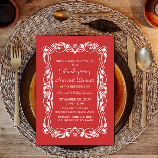 Red Elegant Bordure Thanksgiving Invitation (Red Elegant Border Thanksgiving Invite)