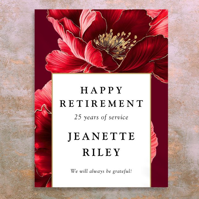 Red Elegant Floral Happy Retirement Affiche de bie (Red Elegant Floral Happy Retirement Welcome Sign)