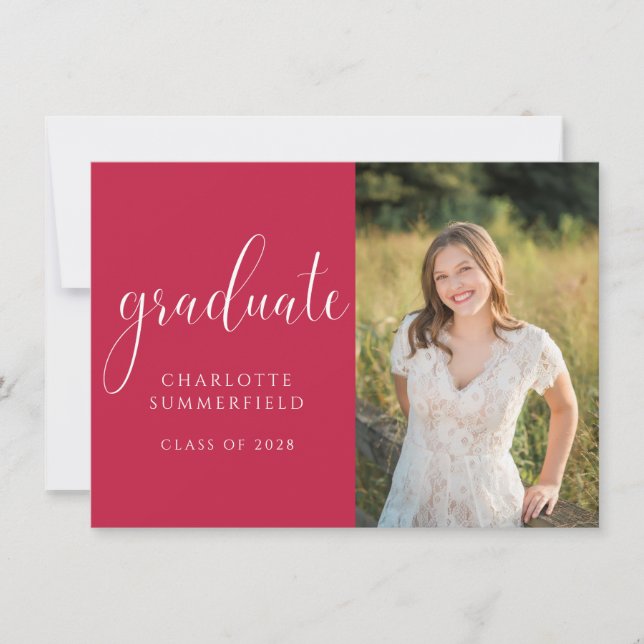 Red Elegant Script Graduation Photo Invitation (Devant)