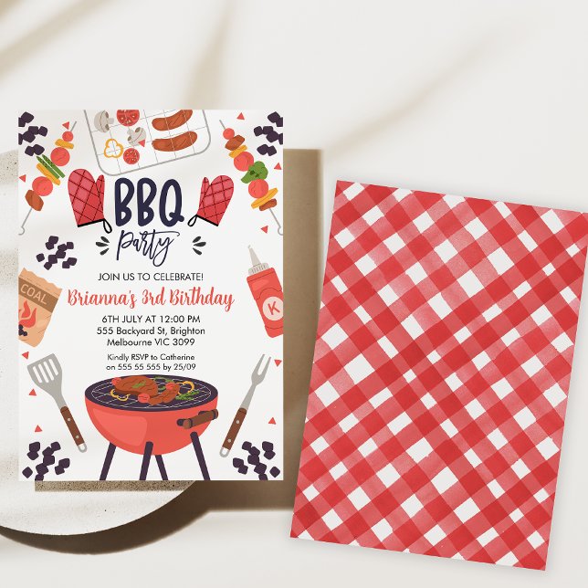 Red En vichy Bbq Invitation de fête d'anniversaire (Bbq birthday party invitation, Backyard Bbq Birthday Invitation, Gingham pattern, Summer Bbq Party)