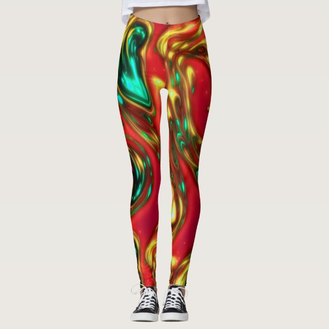 Red et Cyan Neon Liquid Art Leggings Abstraits (Devant)