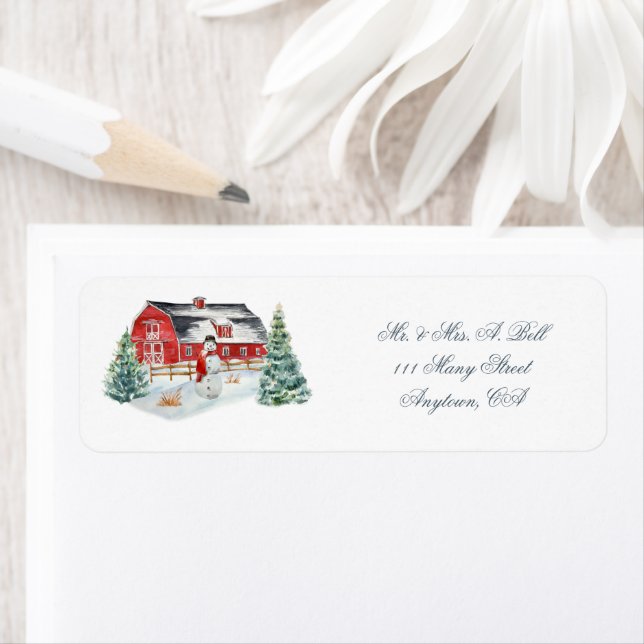 Red Farm Barnyard et Snowman Étiquette (En situation)