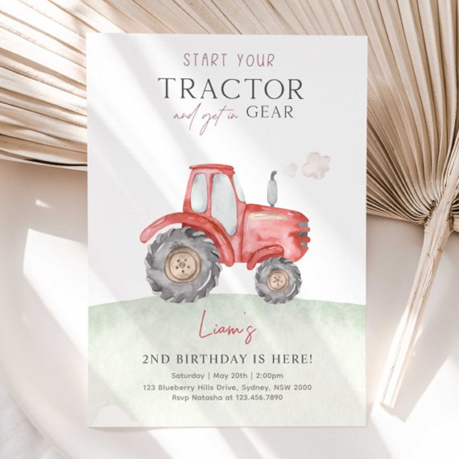 Red Farm Tractor Invitation de fête d'anniversaire (Créateur téléchargé)