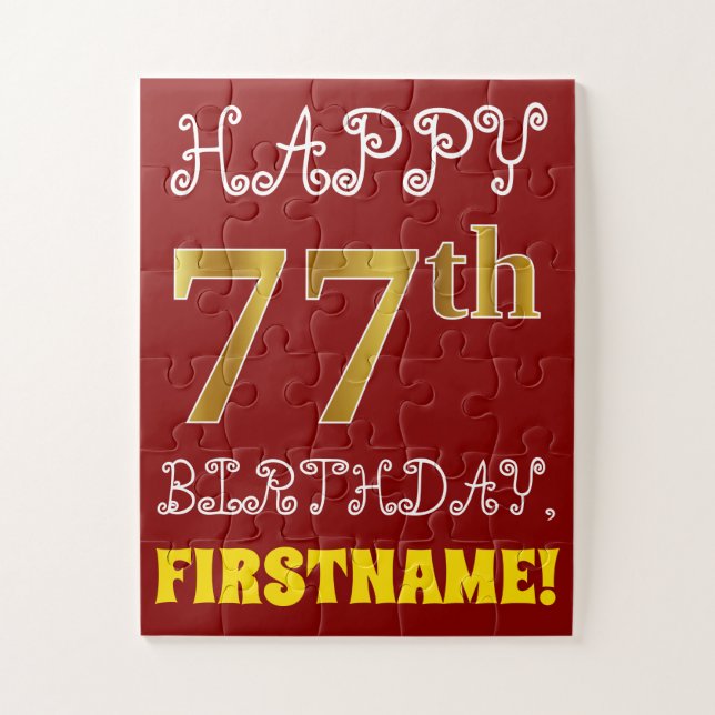 Red, Faux Gold 77th Birthday + Custom Name Puzzle (Vertical)