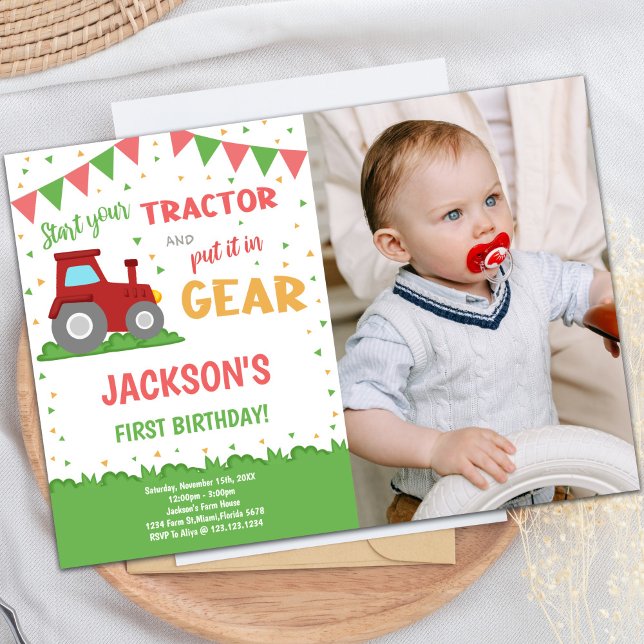 Red Flags Tractor Anniversaire Invitations avec ph (Red Flags Tractor Birthday Invitations w Photo)