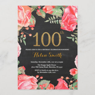 Red Floral 100th Birthday Invitation Parties scint