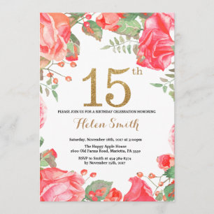 Red Floral 15e anniversaire Invitation Parties sci