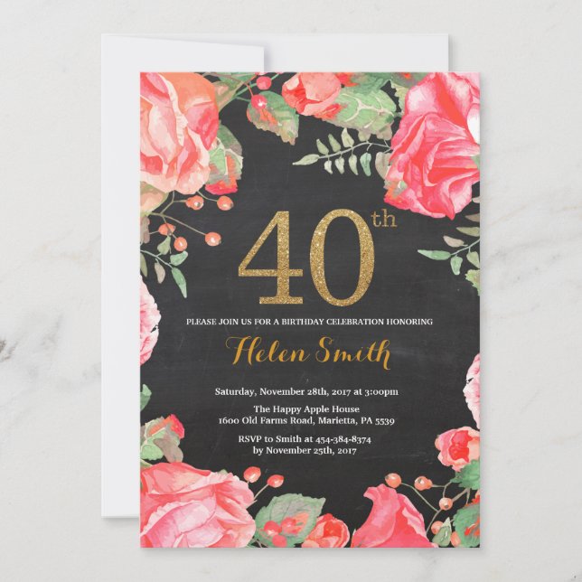 Red Floral 40th Birthday Invitation Parties scinti (Devant)
