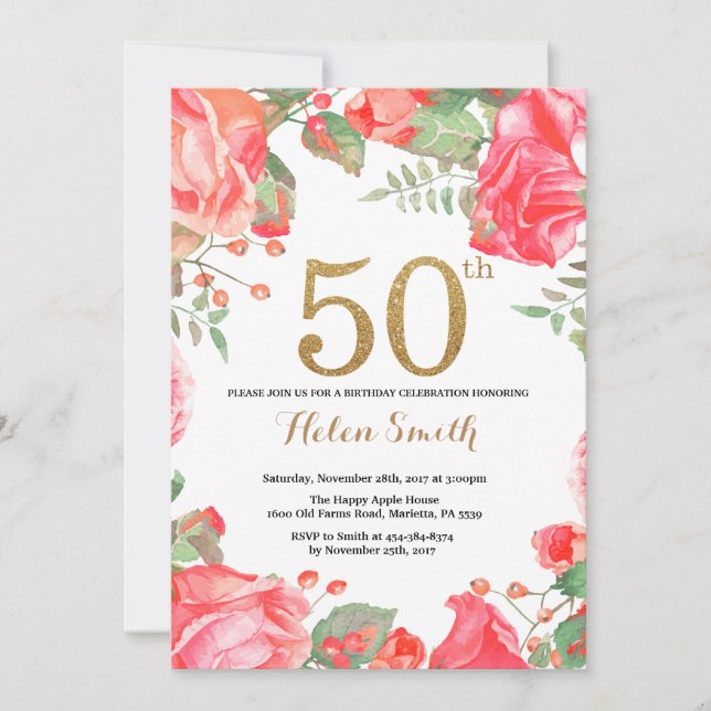 Red Floral 50th Birthday Invitation Parties scinti (Devant)