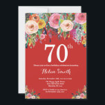 Red Floral 70th Birthday Invitation<br><div class="desc">Red Floral 70th Birthday Invitation for Women. Fleur florale aquarelle. Arrière - plan rouge. Rose, Jaune, Orange, Fleur Violette. Anniversaire adulte. 13ème 15ème 16ème 18ème 20ème 21ème 30ème 40ème 50ème 60ème 70ème 80ème 90ème 100ème, tout âge. Pour plus de personnalisation, cliquez sur le bouton "Customiser" et utilisez notre outil de...</div>