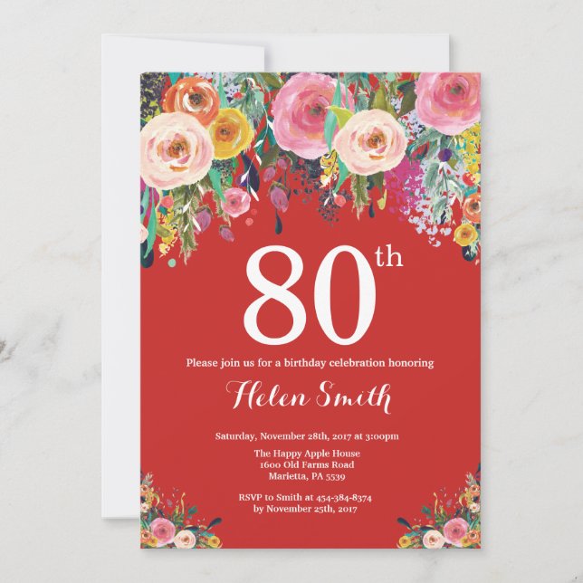 Red Floral 80th Birthday Invitation (Devant)