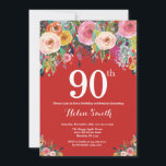 Red Floral 90th Birthday Invitation<br><div class="desc">Red Floral 90th Birthday Invitation for Women. Fleur florale aquarelle. Arrière - plan rouge. Rose, Jaune, Orange, Fleur Violette. Anniversaire adulte. 13ème 15ème 16ème 18ème 20ème 21ème 30ème 40ème 50ème 60ème 70ème 80ème 90ème 100ème, tout âge. Pour plus de personnalisation, cliquez sur le bouton "Customiser" et utilisez notre outil de...</div>