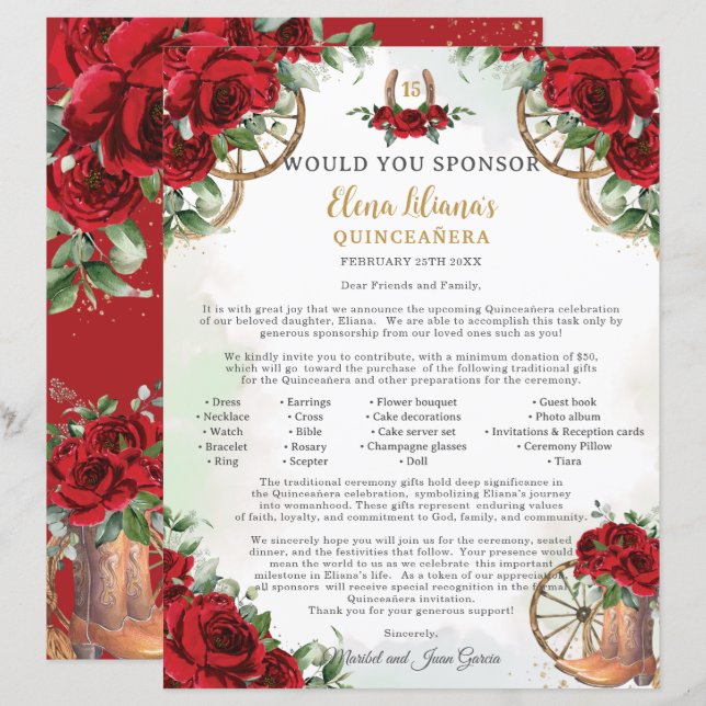 Red Floral Charro Boots Quinceañera Sponsor Letter (Devant / Derrière)