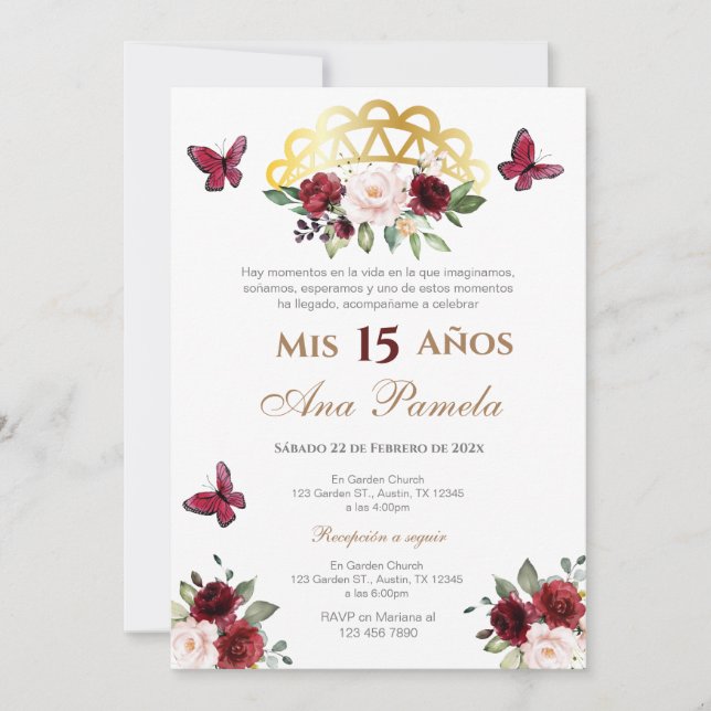 Red Floral Quinceañera Espagne Invitation (Devant)