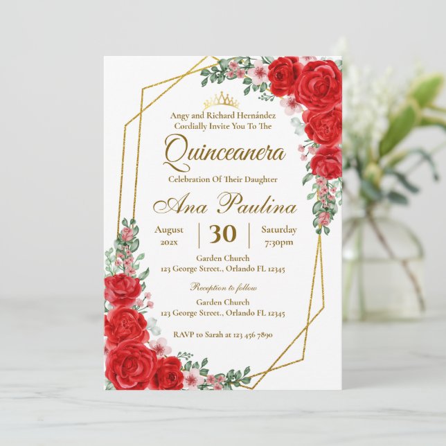 Red Floral Quinceañera Invitation (Debout devant)