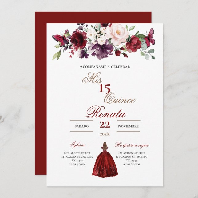 Red Floral Quinceañera Invitation Spanish  (Devant / Derrière)