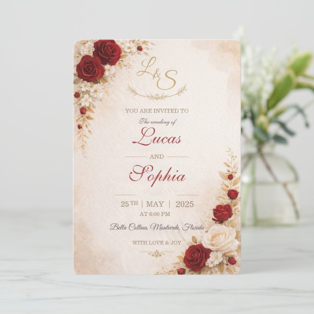 Red Floral Wedding Invitation Card (Debout devant)