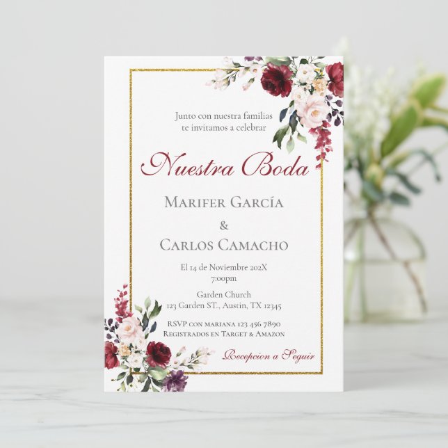 Red Floral Wedding invitation Invitación boda espa (Debout devant)