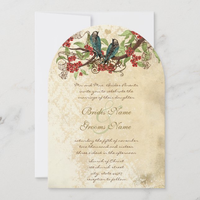 Red Flower Branch Vintage Birds Wedding Invitation (Devant)