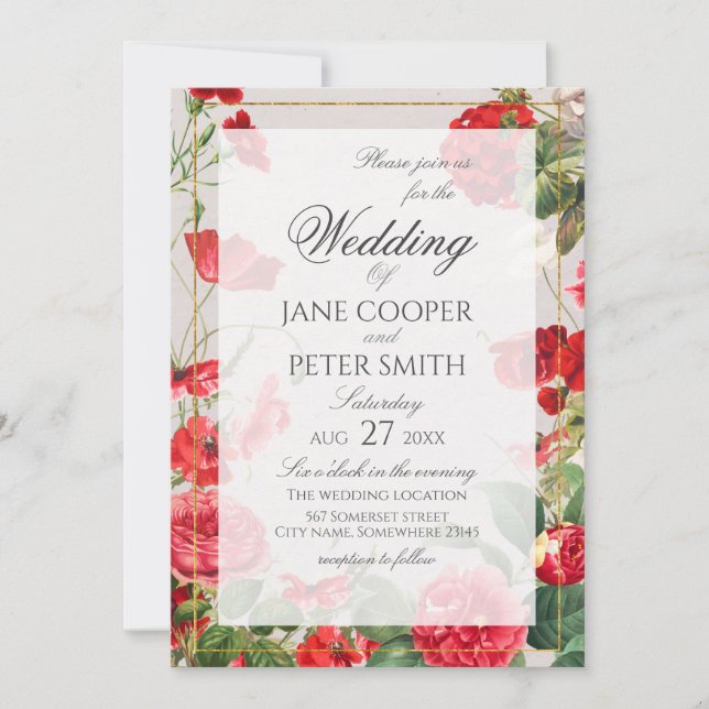 Red flowers bouquet Wedding Invitation (Devant)