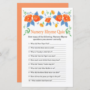 Red flowers Nursery Rhyme Quiz jeu de baby shower