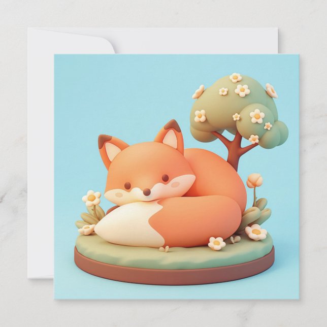 Red Fox 3D Clay Style Floral Tree Postcard (Devant)