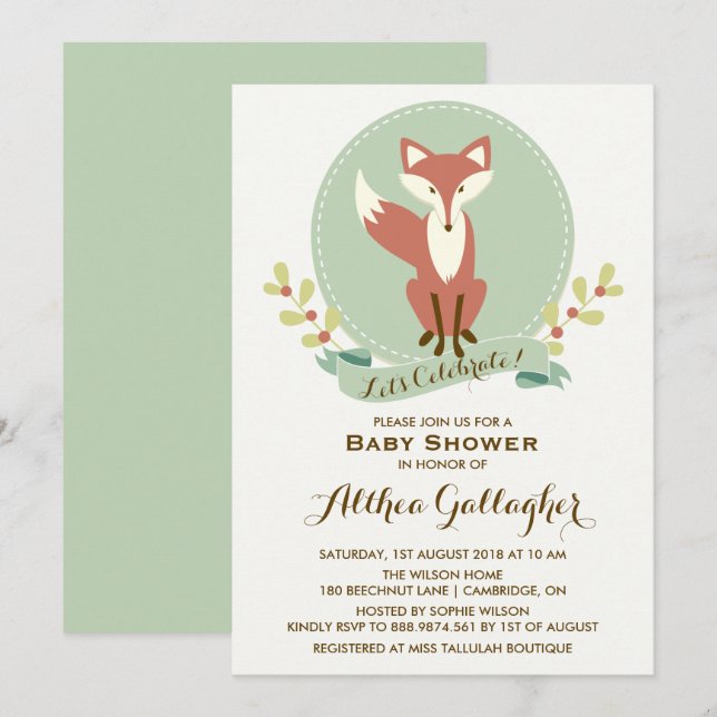 Red Fox Portrait Floral Baby shower Invitation (Devant / Derrière)