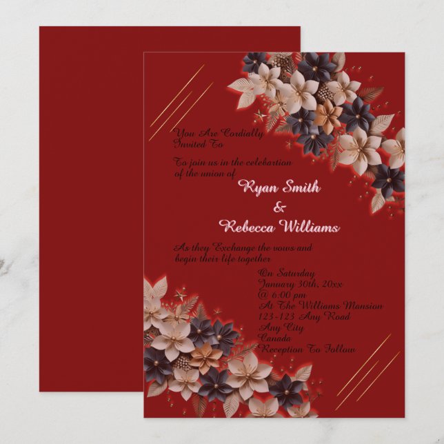 Red Geometric Floral Wedding Invitation (Devant / Derrière)