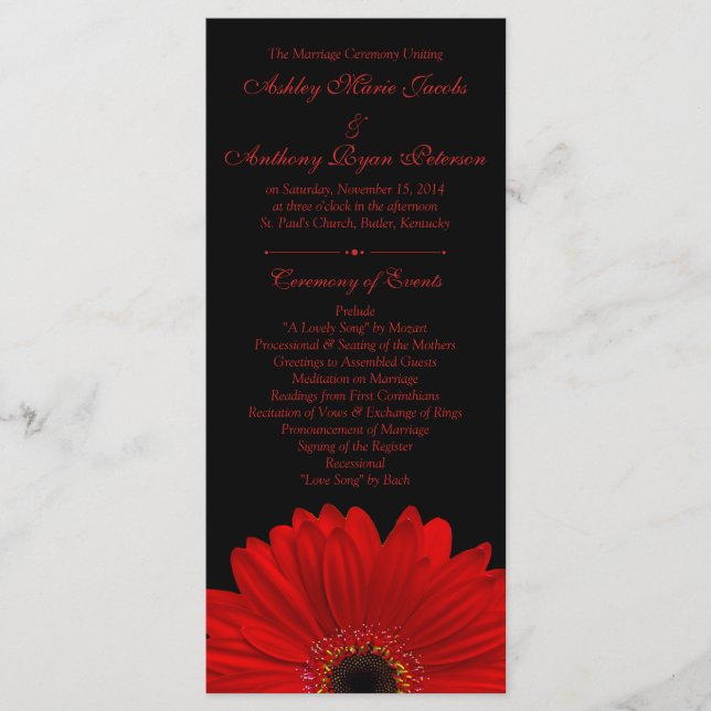 Red Gerbera Daisy Flower Black Wedding Programme (Devant)