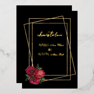 Red Glam Roses et Black and Gold Foil Invitation