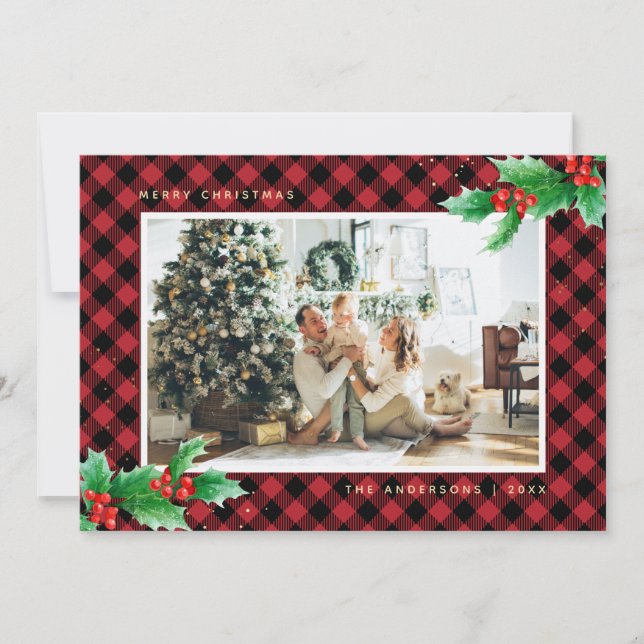 Red Gold Buffalo Plaid Holly Photo Cartes de Noël (Devant)