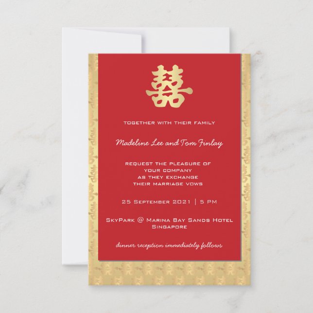 Red & Gold Double Bonheur Chinois Mariage Invitati (Devant)