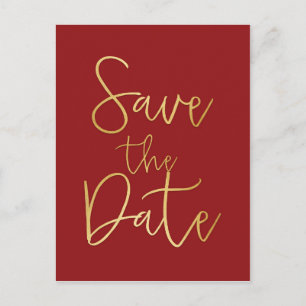 Red & Gold ENREGISTRER LA DATE Modern Script Carte