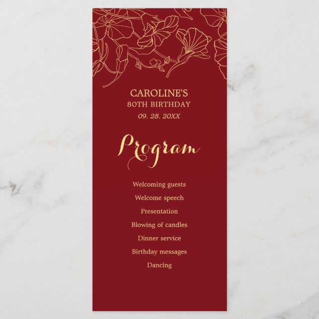 Red Gold Floral Programme d'anniversaire (Devant)