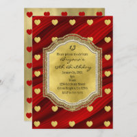 Red & Gold Hearts Invitations de fête d'anniversai