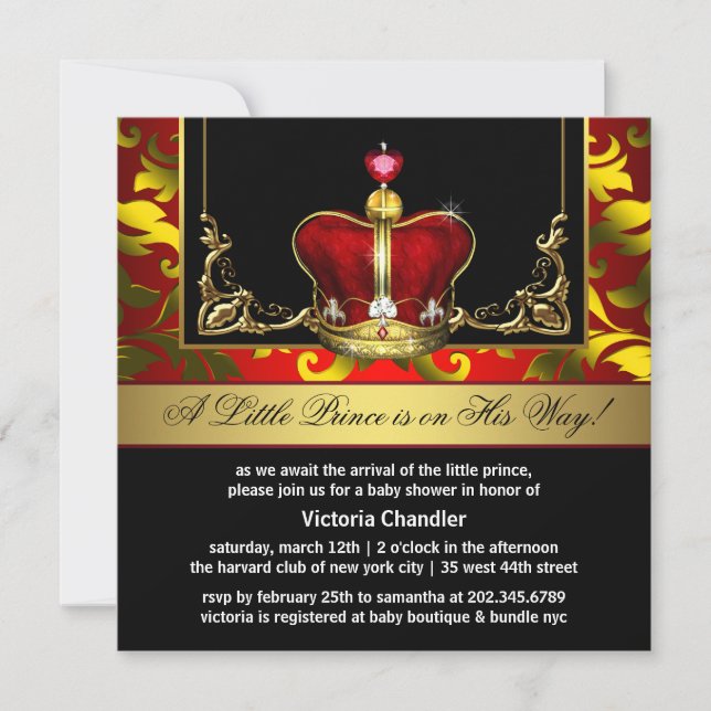 Red Gold Prince Baby Shower Invitations (Devant)