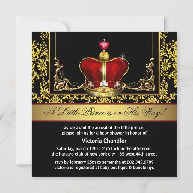 Red Gold Prince Baby Shower Invitations (Devant)