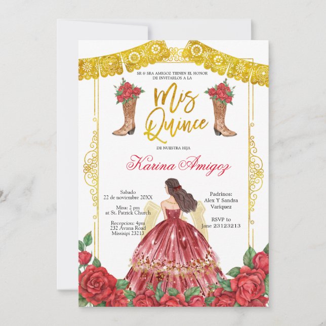 Red Gold Roses Horse Charra Quinceañera Invitation (Devant)