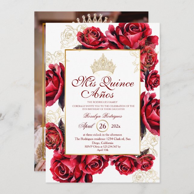 Red Gold Roses Quinceañera - Invitation photo (Devant / Derrière)