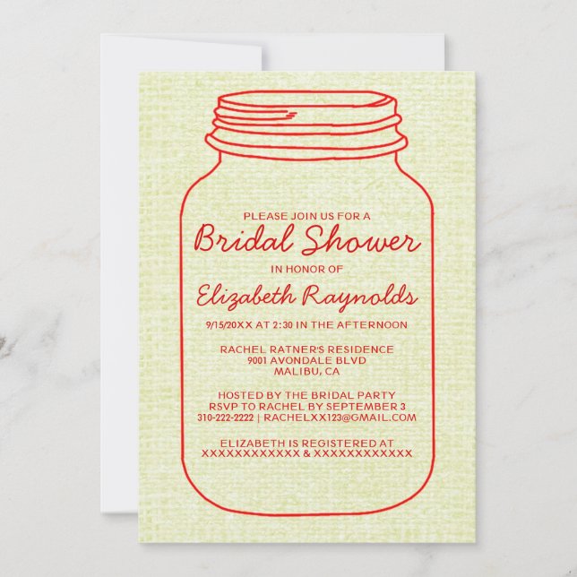 Red Gold Rustic Mason Jar Invitation de la douche  (Devant)