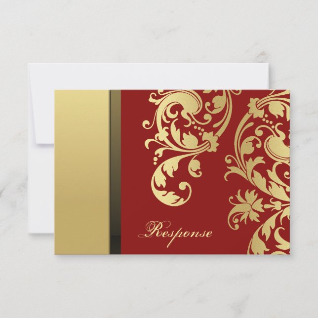 Red Gold Shimmer Floral Mariage Réponse RSVP (Devant)