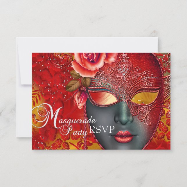 Red & Gold Sparkas Masquerade Party RSVP (Devant)
