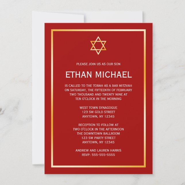 Red Gold Star de David Bar Mitzvah Invitations (Devant)