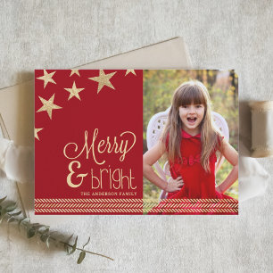 Red & Gold Stars Merry & Bright Holiday Carte phot