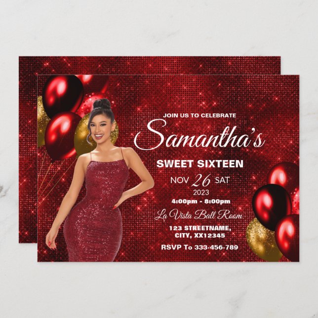 Red & Gold Sweet 16 Girl Birthday Invitation (Devant / Derrière)