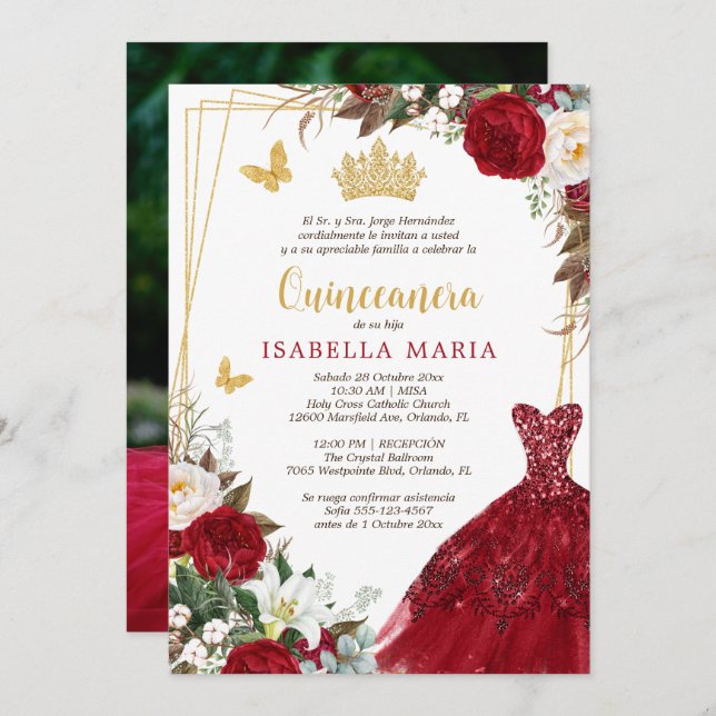 Red Gold Tiara Quinceañera Invitation en espagnol (Devant / Derrière)